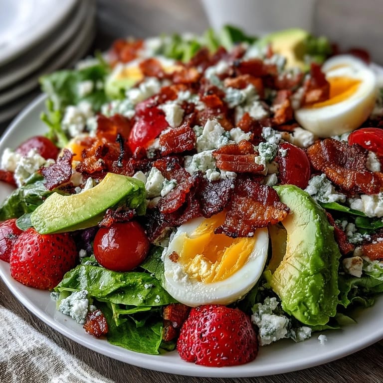 Vibrant Cobb salad with strawberries, avocado, and feta cheese, arranged on a bed of spring greens and drizzled with balsamic honey dressing for a refreshing meal.