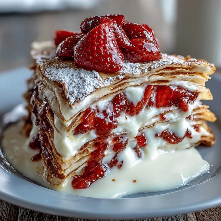 Elegant strawberry crepe cake featuring tender crepes stacked with cream and fresh strawberries, dusted with powdered sugar.
