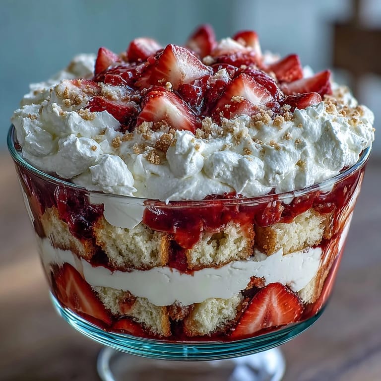 Elegant strawberry shortcake trifle featuring fresh strawberries, fluffy shortcake, and sweet cream for Mothers Day dessert.
