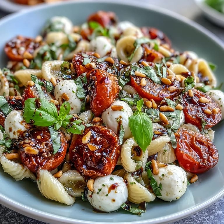Vibrant Caprese-style pasta salad with bright tomatoes, mozzarella balls, and fresh basil, perfect for warm-weather meals.