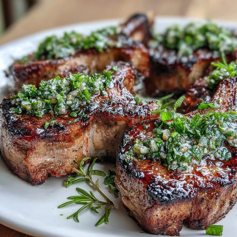 Juicy lamb rib chops seasoned with garlic and rosemary, served with a vibrant mint gremolata bursting with lemon and parsley.
