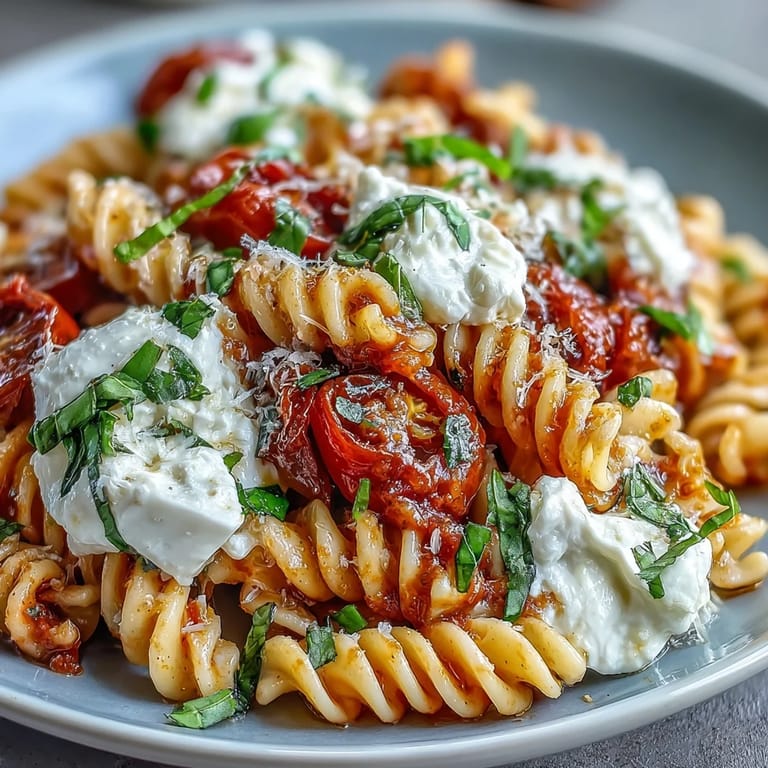 This Caprese pasta with burrata combines al dente noodles, bursting cherry tomatoes, and creamy cheese for a refreshing vegetarian dinner.