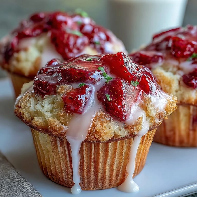 Golden muffins packed with diced strawberries and lemon zest, drizzled with a smooth lemon glaze for extra flavor.