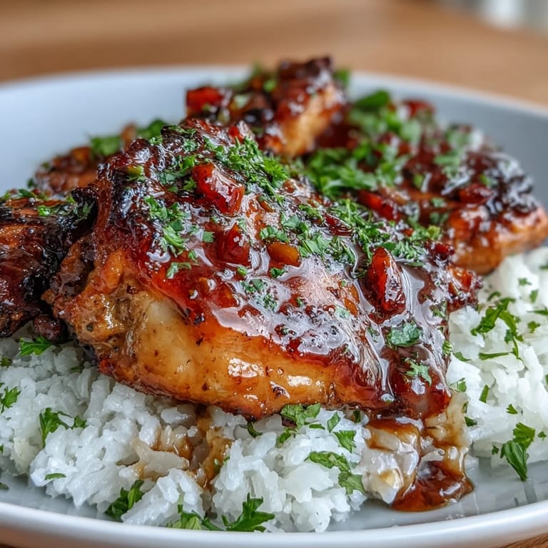 Slow-cooked Honey Garlic Chicken thighs in a sticky honey soy glaze, served with steamed jasmine rice for a comforting, flavorful meal.