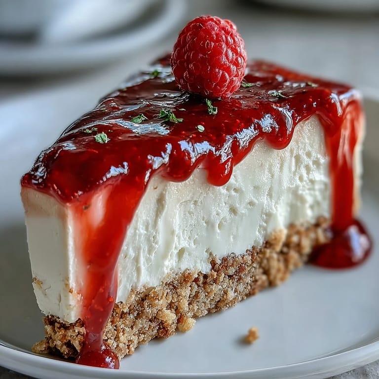 A slice of delicious Mother's Day No-Bake Cheesecake, richly adorned with fresh crimson coulis.