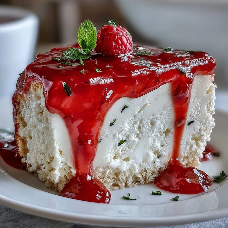 Creamy no-bake cheesecake with buttery crust and glossy raspberry coulis, ready to impress.