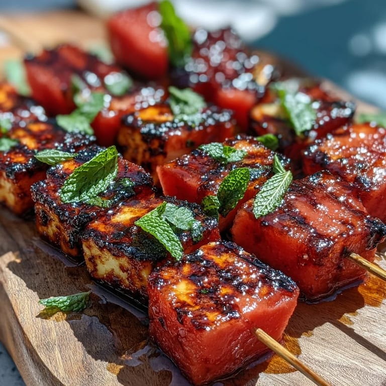 Perfect summer appetizers: Grilled Halloumi Watermelon Skewers ready to serve now.