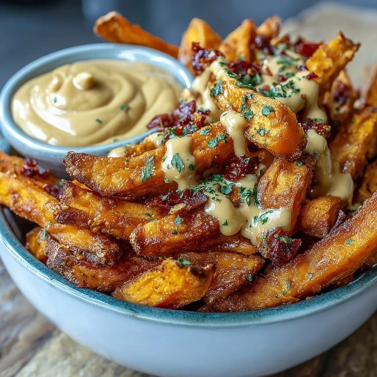 Golden, seasoned air fryer sweet potato fries, ready with a zesty aioli.