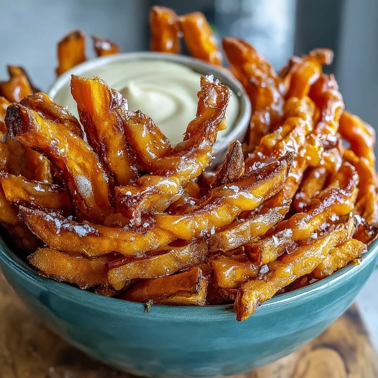 Perfectly cooked air fryer sweet potato fries, served alongside a smoky, tangy dip.