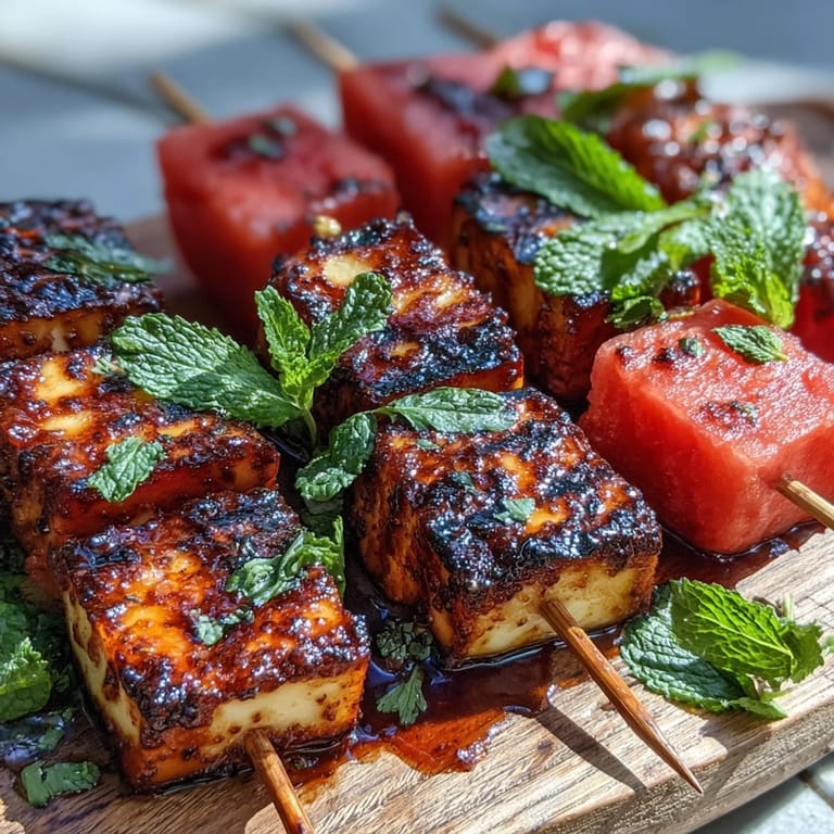 Golden halloumi and sweet watermelon skewers, brightened by cooling mint dressing.