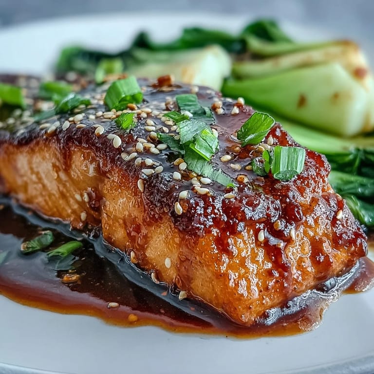 Tender Miso Glazed Salmon with Sesame Bok Choy, caramelized rich glaze, ready to enjoy.