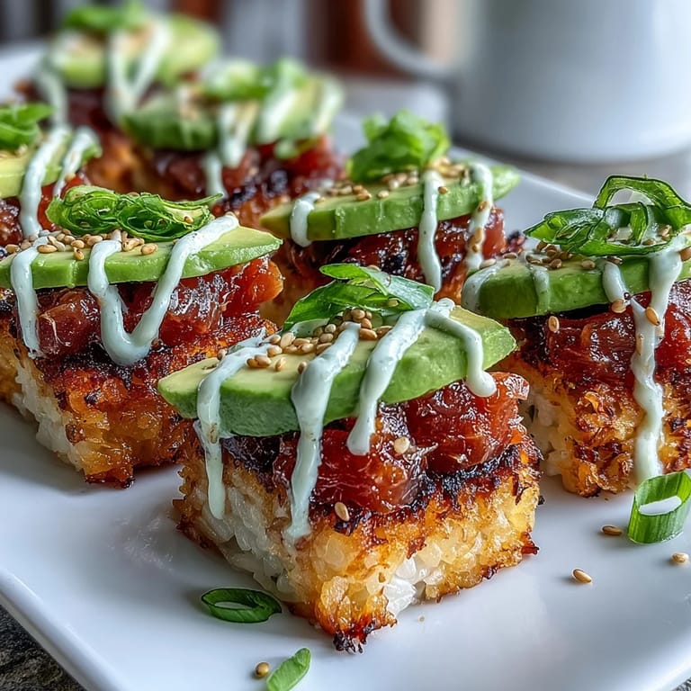 Crispy rice bites topped with vibrant spicy tuna and creamy, delicious avocado.