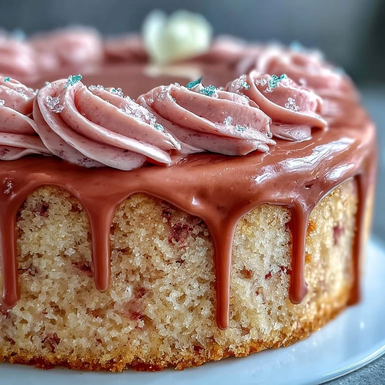 Visually striking Bridal Shower Rosé Velvet Cake with cascading gold edible paint details.