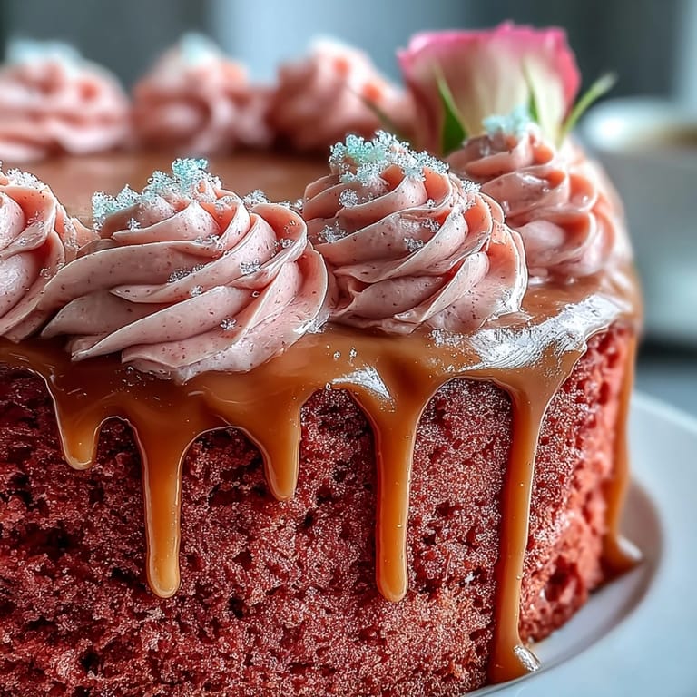 Beautiful Bridal Shower Rosé Velvet Cake, beautifully frosted with delicate gold accents.