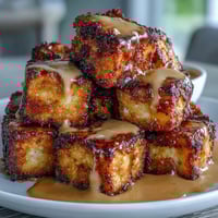 Crispy air fryer tofu cubes with creamy peanut sauce, garnished with chopped peanuts and fresh cilantro. A delicious vegan appetizer or main dish.