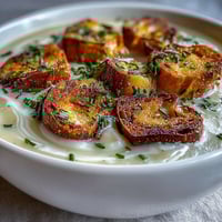 Creamy Leek and Potato Soup with Sourdough Croutons in a rustic bowl, garnished with fresh chives and golden croutons.  