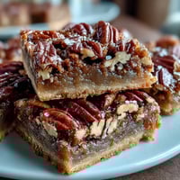 Kentucky Derby Pecan Pie Bars with Brown Sugar Crust topped with toasted pecans and a gooey, bourbon-kissed filling.