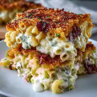 Southern soul food oven-baked mac and cheese in a cast-iron skillet, bubbling with creamy cheddar and a golden, crispy breadcrumb topping.