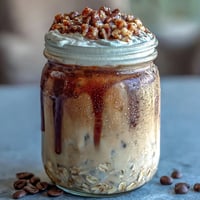 Vanilla Bean Frappuccino Overnight Oats jar layered with creamy oats and coffee, topped with whipped cream and chocolate chips.