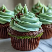 St. Patrick's Day green velvet cupcakes topped with swirls of rich cream cheese frosting and festive green sprinkles.