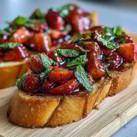 Fresh strawberry bruschetta with balsamic glaze and mint on toasted baguette slices, perfect for summer entertaining.