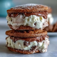 Vanilla Bean Frappuccino Ice Cream Sandwiches with creamy vanilla bean ice cream between espresso cookies.