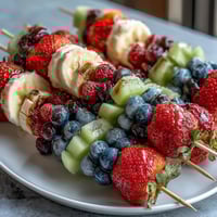 Festive Fourth of July fruit skewers with strawberries, bananas, and blueberries arranged in patriotic colors for summer parties.