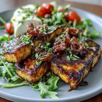 Grilled peach and burrata salad with arugula, cherry tomatoes, and balsamic glaze—a colorful summer dish bursting with sweet and savory flavors.