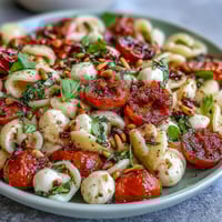 A colorful summer pasta salad with cherry tomatoes, fresh mozzarella, and fragrant basil, drizzled with balsamic glaze.