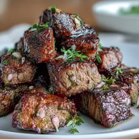Juicy garlic herb steak bites seared to perfection in a single pan, served with a sprinkle of fresh parsley and thyme.