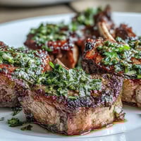 Grilled lamb chops topped with fresh mint gremolata, a zesty herb sauce for a flavorful Mediterranean main dish.