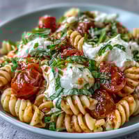 Creamy burrata melts over fresh basil and cherry tomatoes in this vibrant Caprese pasta, perfect for a quick summer dinner.  