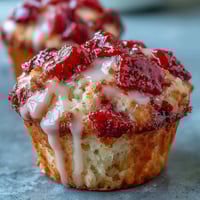 Fluffy strawberry lemon muffins with fresh berries and a tangy lemon glaze, perfect for spring brunch or breakfast.