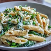 Creamy one-pot lemon ricotta pasta with vibrant peas and spinach.
