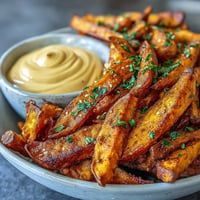 Crispy air fryer sweet potato fries with creamy chipotle aioli for dipping.