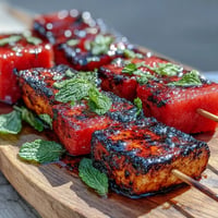 Grilled Halloumi Watermelon Skewers with fresh mint, showcasing juicy charred cubes.