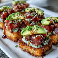 Viral Spicy Tuna Crispy Rice Bites with fresh avocado and creamy drizzle.